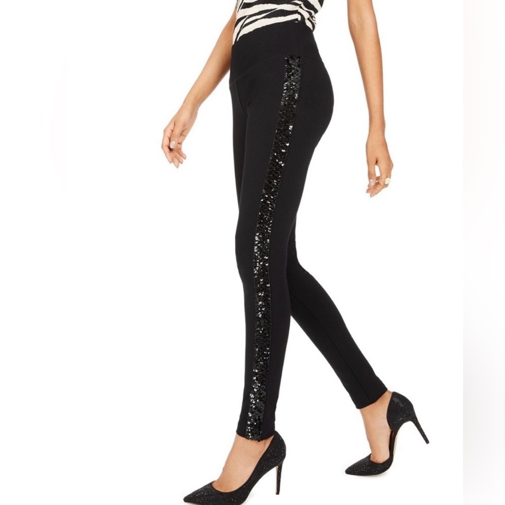 INC International Concept Black Embellished Sequin Spandex Leggings Size 12